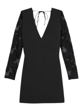 The Kooples Black Lace Sleeve Deep V Mini Dress Size 1 EU/US 4. Small/Petitr NWT